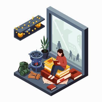 Cozy digital workspace with stacked books and potted plant on modern desk setup, concept for remote work productivity, home office inspiration, and study environment design
