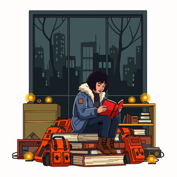 Cozy young student reading book by autumn window with warm pumpkins and scattered books, concept for education, learning, and seasonal fall inspiration in home decor, lifestyle blogs, and academic