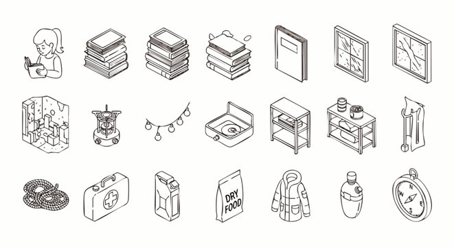 Detailed vector flat icons set with isolated office and technology elements, concept for workplace productivity, app interface design, corporate presentations, and digital marketing materials
