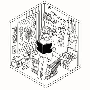 Cozy minimalist illustrated bedroom scene with a relaxed anime-style girl reading a book, concept for comfort lifestyle, home decor inspiration, editorial design, and wellness content creation