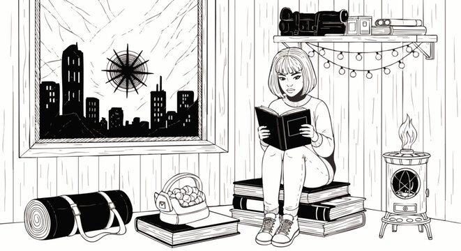 Cozy minimalist urban workspace illustration with city skyline view, concept for remote work productivity, home office design, and lifestyle blog inspiration, ideal for digital planners and