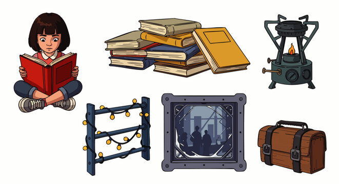 Colorful flat design travel and study essentials collection with backpack, books, and accessories, concept for education, remote work, and adventure lifestyle illustration for blogs, apps, and print
