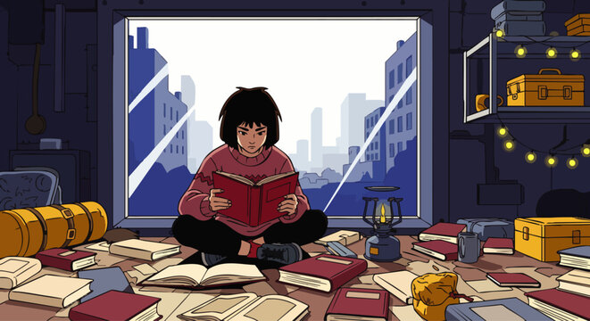 Cozy young child reading colorful book by a bright snowy window scene, concept for winter storytelling, educational content, and family bonding imagery for children's book covers, holiday campaigns,