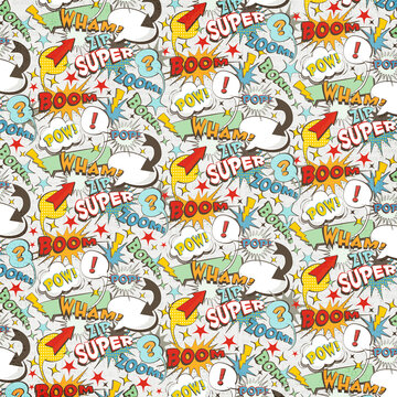 Colorful comic book seamless pattern with speech bubbles, boom, pow, zoom and pop art elements. Perfect for comics, stationery, fabric, wrapping paper and fun backgrounds.