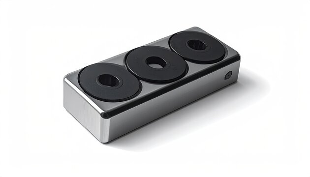 Industrial component with three circular rubber dampers on a metal block.