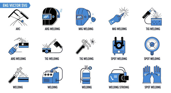 Welding equipment and industrial metalworking icons set