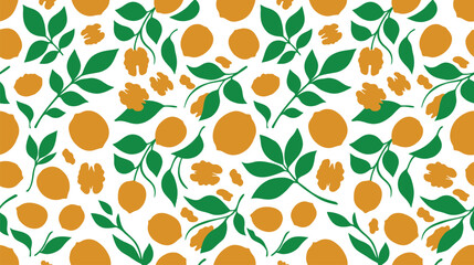 Vibrant citrus fruit and leafy pattern on bright white background for seamless design. © pixel*
