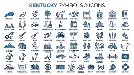 Fototapeta premium Comprehensive Collection of Kentucky State Icons and Cultural Symbols Featuring Geographic Landscapes Wildlife Landmarks and Traditional Heritage Elements