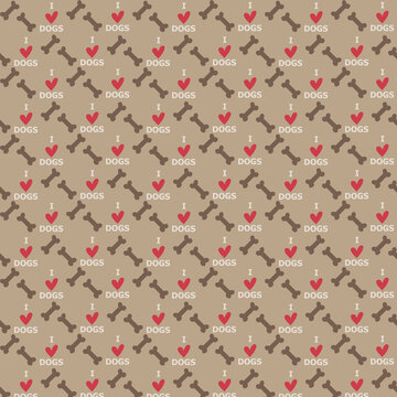 Seamless "I Love Dogs" pattern with bones and hearts on a beige background. Cute pet lover design for fabric, pet products, wrapping paper, wallpaper and gifts.