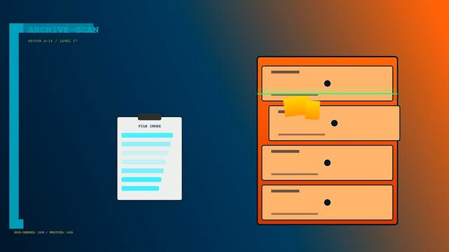Workspace auditing process showing orange filing cabinets with yellow sticky notes and a digital file index list displayed on a screen for an efficient archive scan