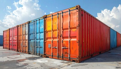 Fototapeta premium Colorful Shipping Containers Lined Up in a Storage Yard Under a Blue Sky.