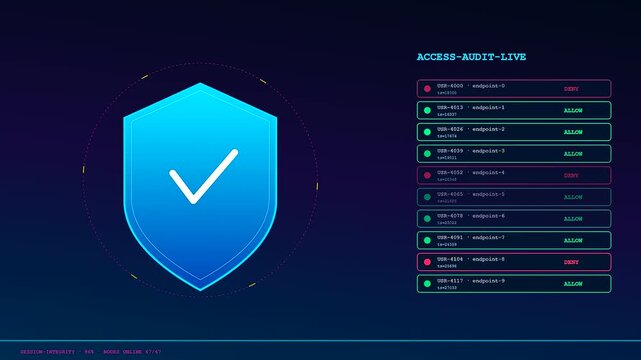 A digital workspace auditing interface features a glowing blue shield icon that displays a check mark while verifying secure server access logs and list records