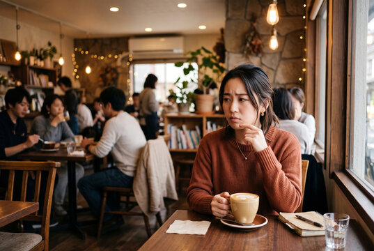 カフェで考え事をする若い女性 Generative AI