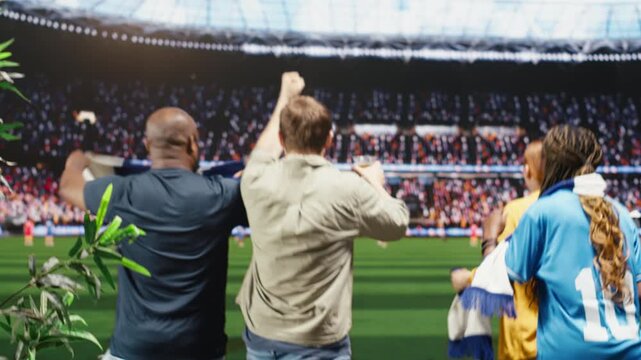 Football fans watch match at home from couch, immersive TV technology enabling them to feel stadium atmosphere for immersive stadium viewing.