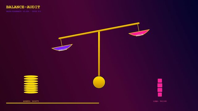 Three panels showing workspace auditing with a glowing golden scale balancing financial assets and liabilities represented by neon coin stacks in a digital purple environment