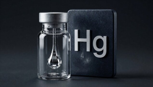 Small glass vial silver cap droplet water inside placed next black rectangular box letter written white capita