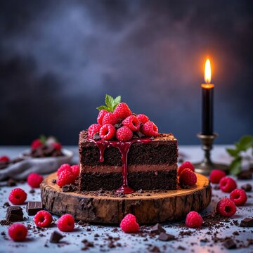 Moist chocolate cake with raspberries. Decadent dessert with fresh berries. Sweet treat for special occasions