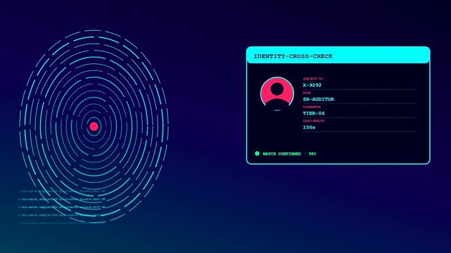 Digital workspace auditing systems analyze biometric fingerprint data on dark blue virtual interfaces to verify user identification in a sequence of rapid security system verification shots