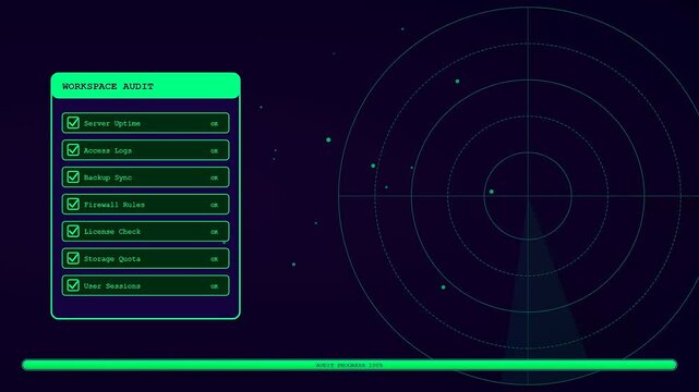 A digital workspace auditing process displayed on a glowing screen shows circular radar scanning patterns and sequential green check marks updating loading bar progress bars continuously