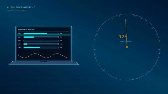 Data flow analytics showing workspace auditing metrics on digital laptop monitors with circular gauge progress bars displaying fluctuation and varying percentages for system monitoring processes
