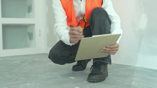 inspector or engineer is inspecting construction and quality assurance new house using a checklist. Engineers or architects or contactor work to build the house before handing it over to the homeowner