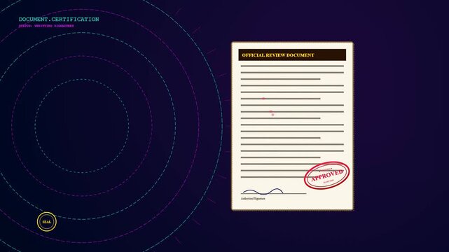 A workspace auditing document displaying an approved red stamp animation within a virtual purple interface that shows subtle circular patterns and glowing line light effects