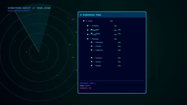 A digital workspace auditing interface scans system folders as glowing circular radar patterns pulsate across a dark environment featuring complex data trees and file status indicators