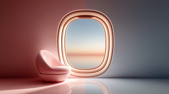 Airplane Window with Warm Sunset View in Minimal Interior
