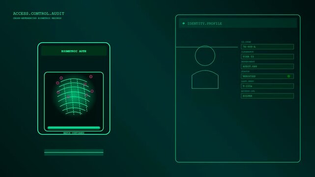 The process of workspace auditing is shown through this animated digital interface displaying biometric scans and identity verification procedures on a dark green screen display