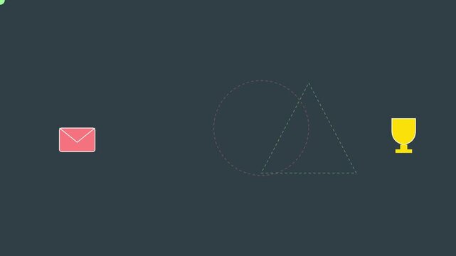 Minimalist motion with envelope, geometric shapes, and trophy for digital communication and achievement concepts animation 4k