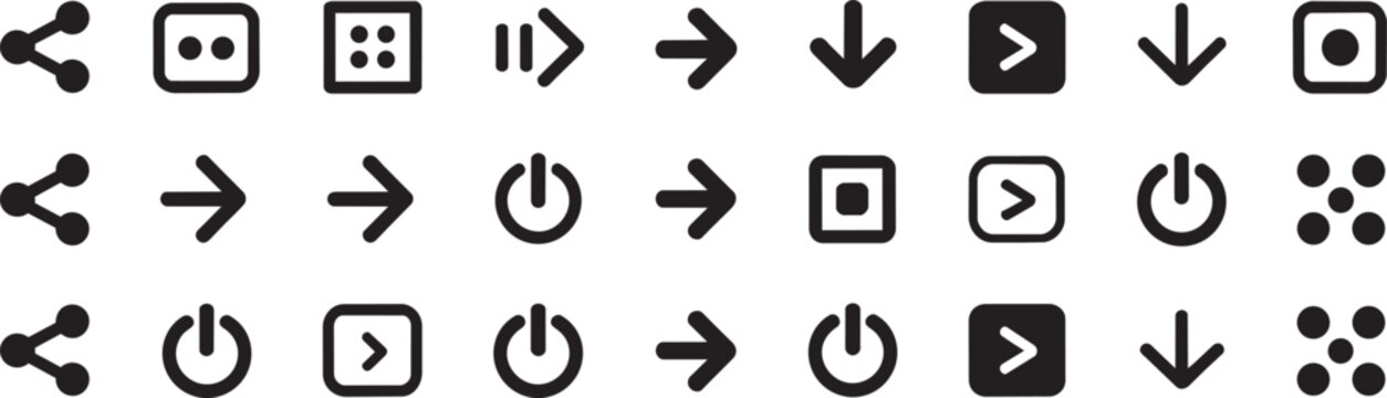 Essential collection of digital user interface buttons and navigation icons featuring power symbols and directional arrows in high quality vector format for mobile app development use.