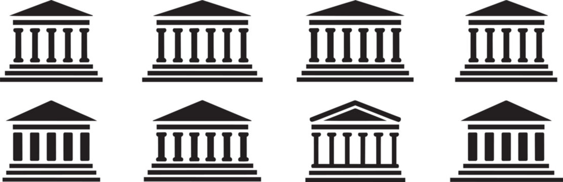 Set of classic antique temple building architecture vector icons with pillars and pediments representing historic government museum bank and courthouse structures for urban city design.