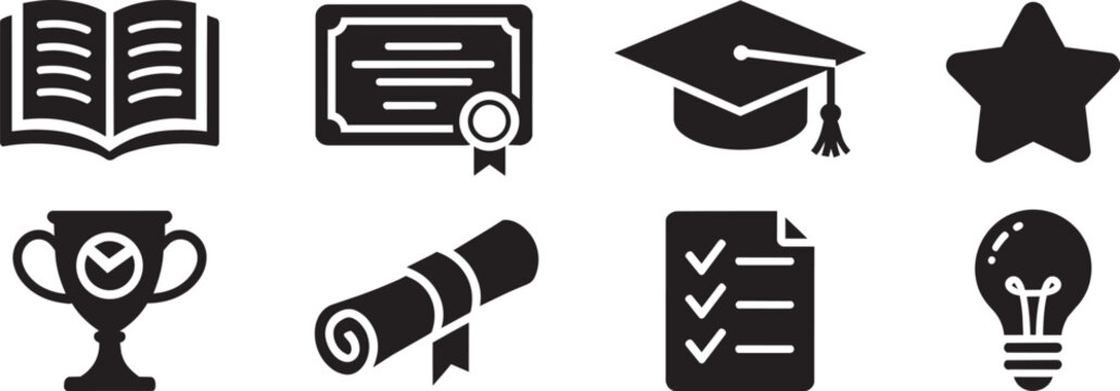Set of education vector icons featuring book certificate graduation cap star trophy scroll checklist lightbulb symbols for learning academic achievements university school study concepts.