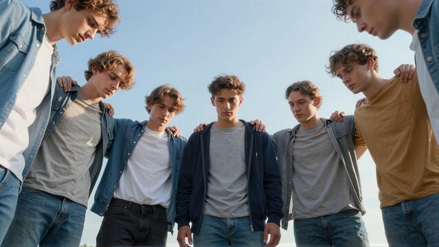Five young men in denim jackets stand together, looking down with serious expressions.