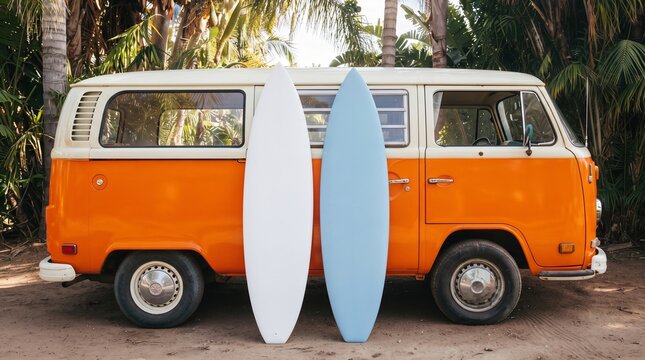 Blank Surfboards Mockup Standing Against Vintage Camper Van at Tropical Beach