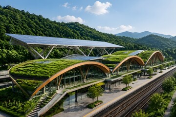 Fototapeta premium Eco Friendly Railway Station with Green Roof and Solar Canopy Showcases Sustainable Transit Innovation Beautifully