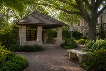 Obraz premium Library Garden Pavilion in Landscaped Courtyard Creates Quiet Academic Atmosphere Among Brick Paths and Trees