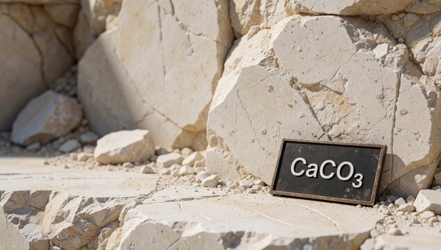 Small black rectangular sign word caco3 written white capital letters placed rocky surface large rocks pebbles
