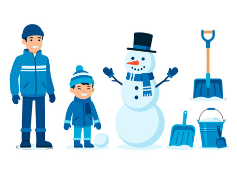 vector Father and son building a snowman together celebrating winter and family bonding during a snowy day Isolated on transparent background