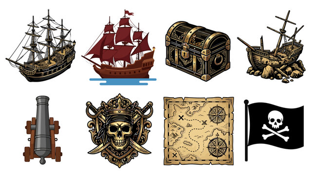 Pirate symbols and treasure icons set 2.