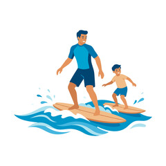 Fototapeta premium vector Father and son enjoying surfing together on a sunny day celebrating Father's Day with water sports and family bonding Isolated on transparent background