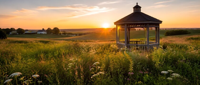 Wild Meadow Gazebo Among Tall Grasses and Native Flowers Creates Tranquil Sunset Countryside Escape Experience