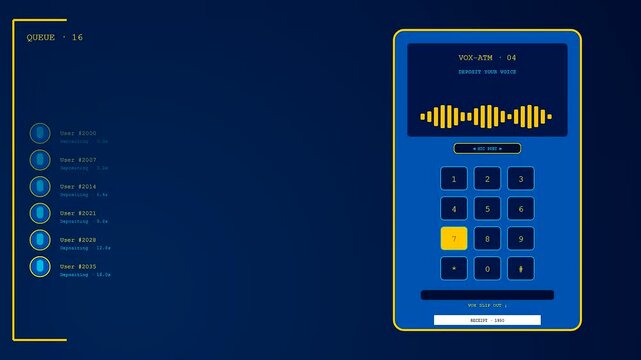 Voice banking interface showing a digital queue system with pulsating audio waves and numeric keypad inputs displayed on a dark blue glowing screen for user interaction