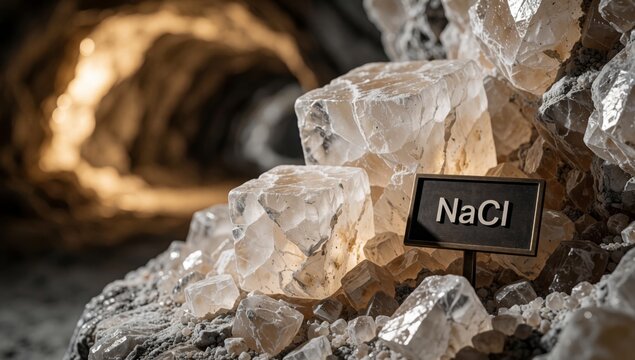 Close-up pile small rocks crystals different sizes shapes larger smaller center there black sign word naci wri