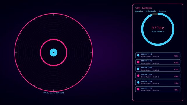 Digital voice banking interface showing animated frequency rings and tabular account entries in a dark theme user experience display with glowing neon pink and cyan elements
