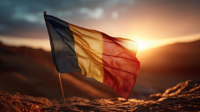 Belgium flag flying at sunrise with warm golden sunlight illuminating the fabric against a colorful morning sky, symbolizing patriotism, heritage, freedom, and national pride.