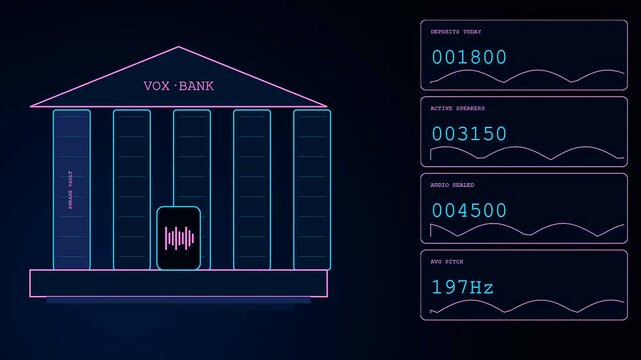 Voice banking display shows fluctuating statistics in a neon blue digital interface with changing numerical values depicted as glowing lines in a dark virtual environment
