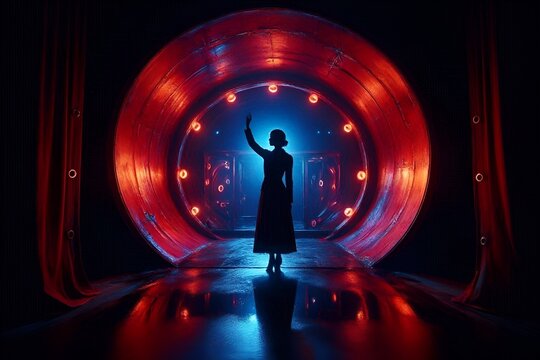 Silhouette of a Woman in a Vibrant Colorful Cosmic Red Circular Tunnel with Glowing Blue Light Water Reflections. Theater Image of the Atmosphere Mind. Reflection Room Behind the Scene AI Abstract Art