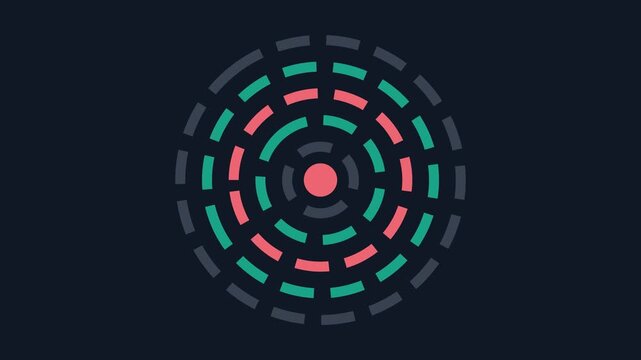 Abstract concentric circles motion with pulsing geometric dash patterns in teal and red animation 4k