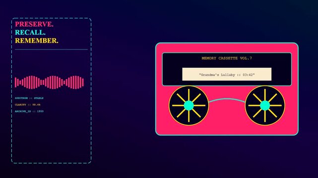 Voice banking displays appear as a digital audio animation inside a retro cassette icon featuring neon pink lines and glowing interface symbols on dark violet